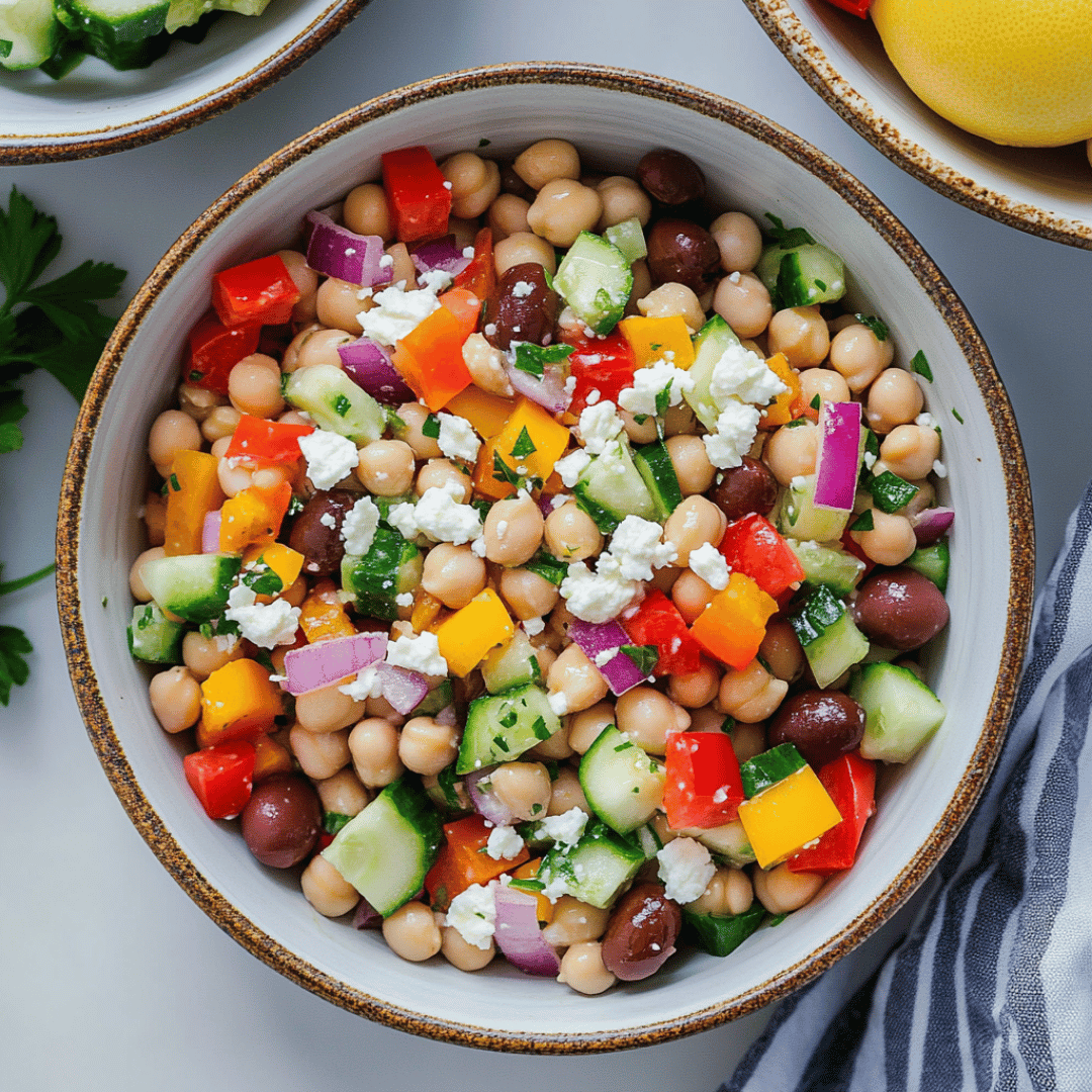 A hearty, Mediterranean-style dense bean salad loaded with veggies & vegan feta.