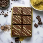 š« Dubai Chocolate Bar Recipe: A Mediterranean Sweet Youāll Crave! 2 Six glossy squares of Dubai chocolate bars drizzled with green matcha glaze, surrounded by cocoa powder and chocolate chips.