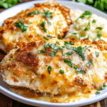 Close-up of Longhorn Parmesan Crusted Chicken topped with melted cheese and fresh parsley, served with creamy mashed potatoes on a white plate.