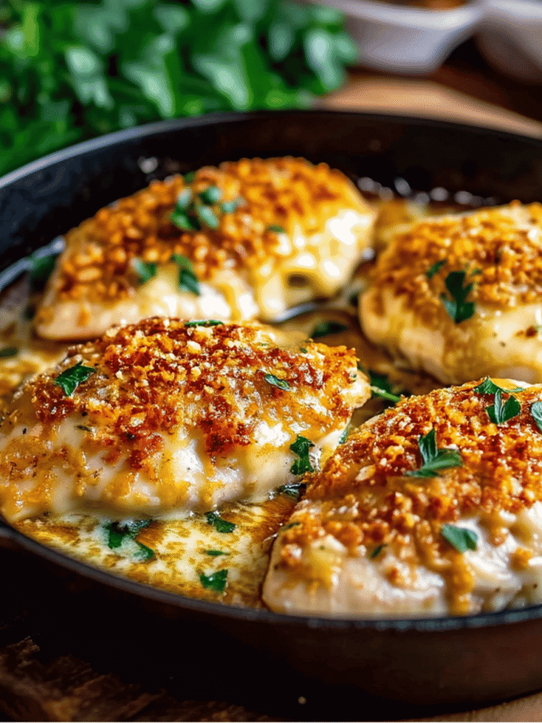 Parmesan crusted chicken breasts topped with melted cheese and golden breadcrumbs, garnished with parsley in a black cast iron skillet.