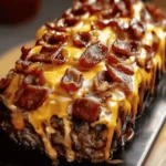 Bacon cheeseburger meatloaf topped with crispy bacon pieces and melted cheddar cheese