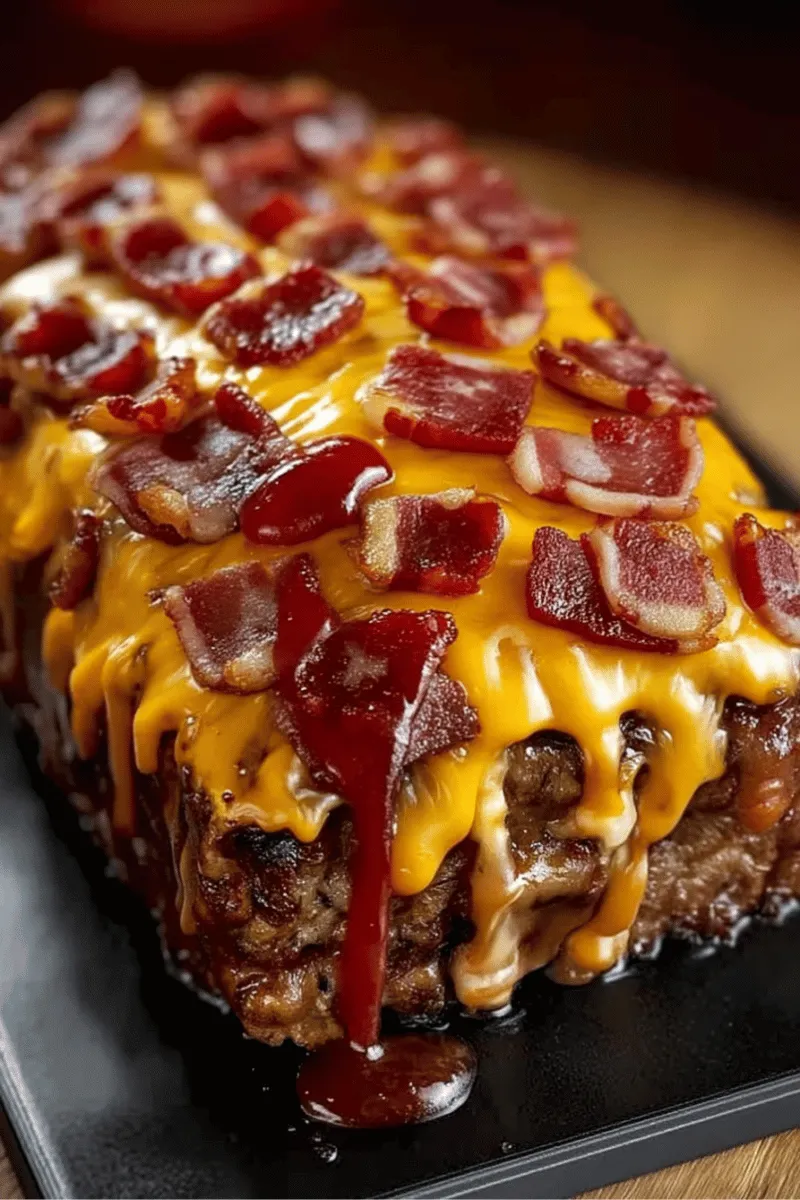 Juicy bacon cheeseburger meatloaf smothered in melted cheddar and bacon pieces