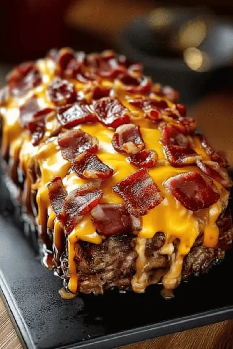 Bacon cheeseburger meatloaf drizzled with ketchup, melted cheddar, and bacon topping