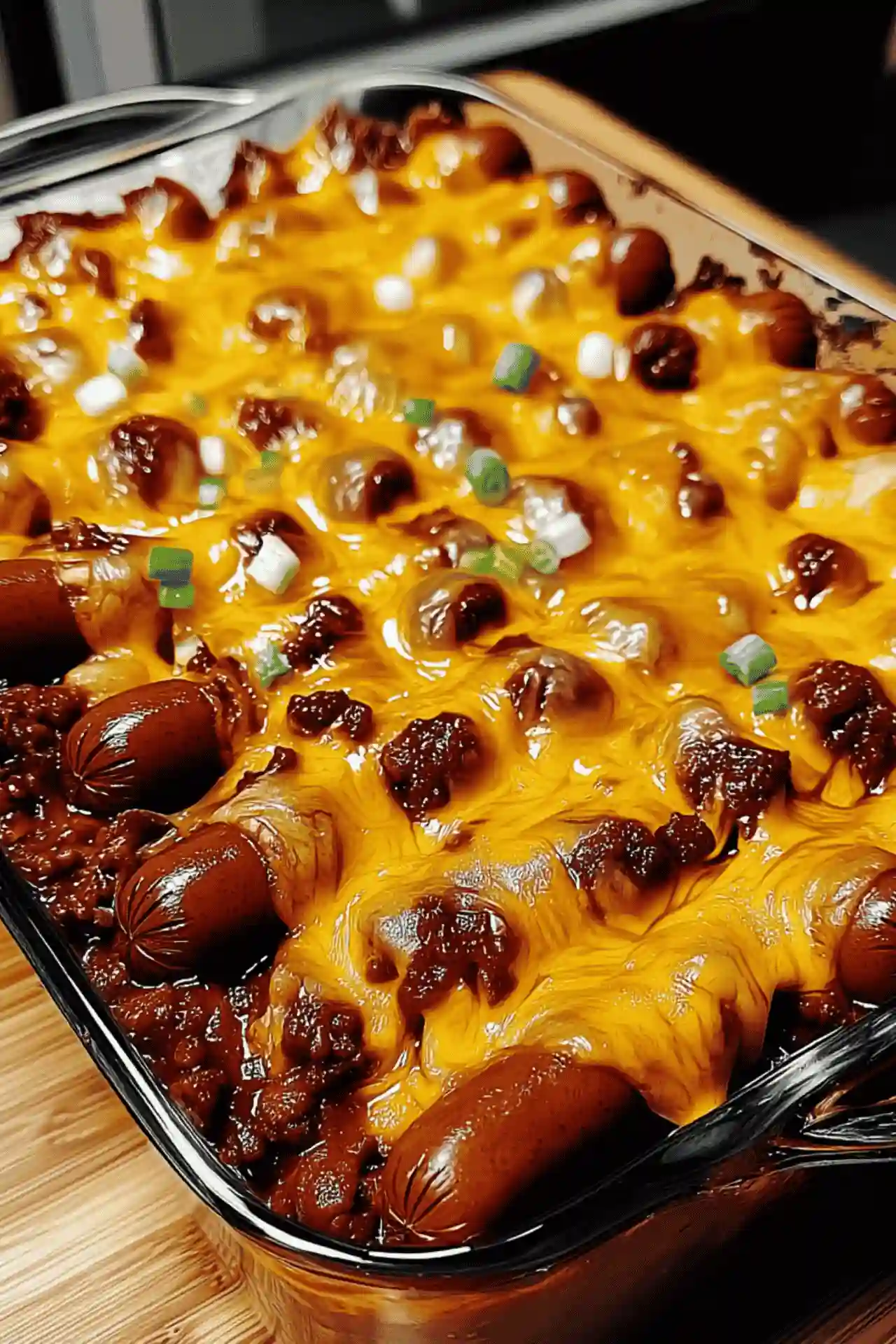 Fully Loaded Classic Chili Cheese Dog Casserole topped with melted cheddar, hot dogs, and fresh green onions