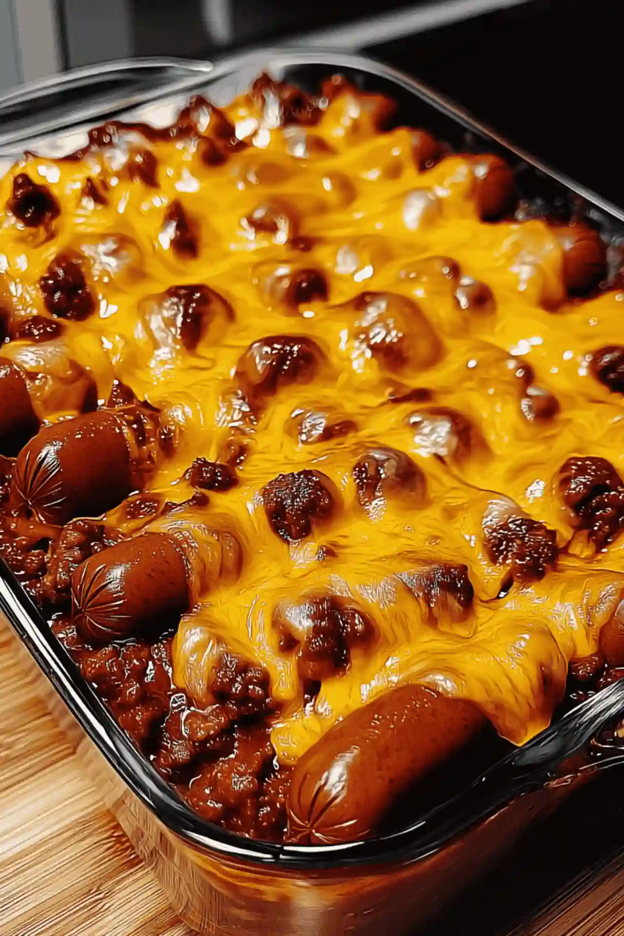 Fully Loaded Classic Chili Cheese Dog Casserole fresh out of the oven in a glass baking dish