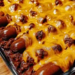 Fully loaded chili cheese dog casserole topped with melted cheddar and hot dogs in a glass baking dish